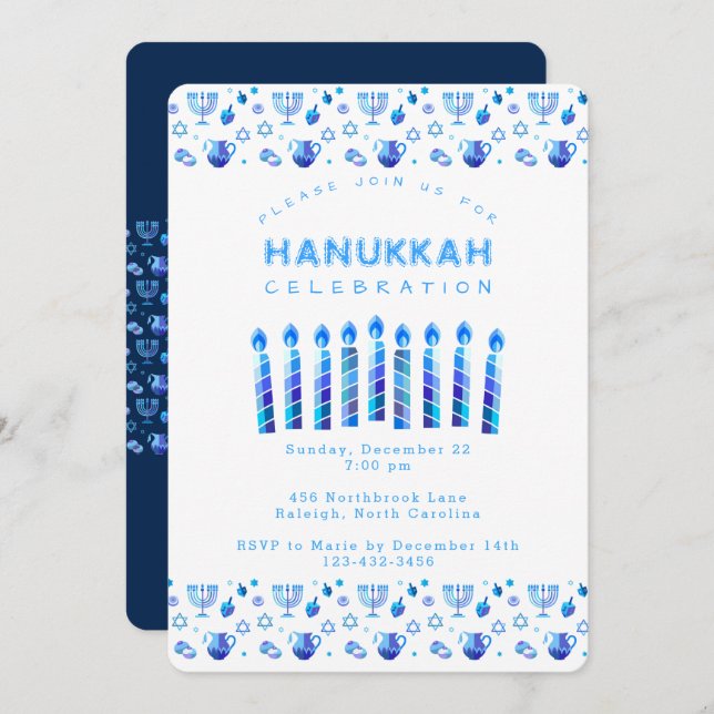 Invitación Feliz Hanukkah Hermosa festividad Judía (Anverso / Reverso)