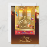 Invitación Feliz Hanukkah Hermosa festividad judía en Menorah<br><div class="desc">Feliz Hanukkah Hermosa Tarjeta de Invitación Judía de Navidad. Fondo de Hanukkah de vacaciones judías con símbolos tradicionales de Chanukah - Menorah de oro, candelabro y velas de Hanukkiah, dreidels de madera (hilatura superior), donuts, estrella de David y motivos de papel tapiz de luces brillantes. Decoración del Festival Hanukkah. Jerusalén,...</div>