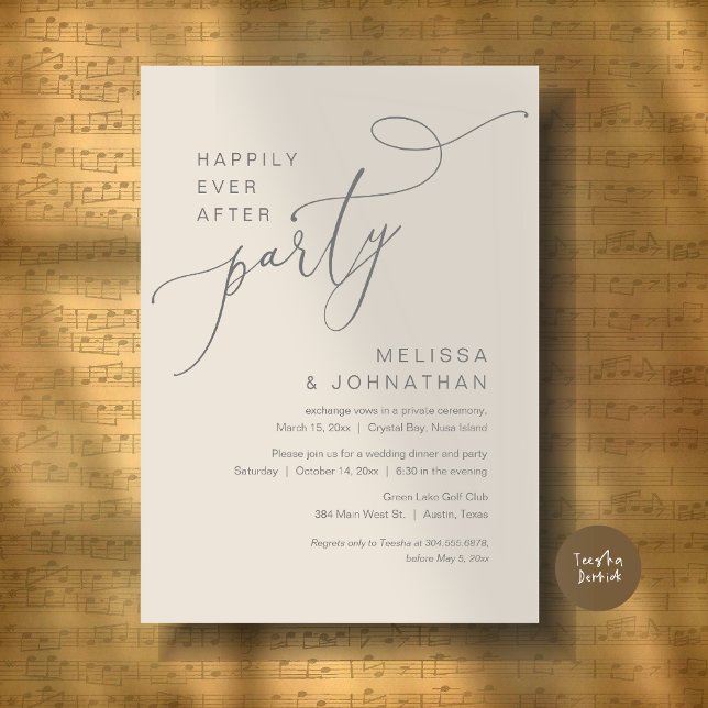 Invitación Feliz Inmediatamente Después De La Cena Fiesta Bod (Happily Ever After Party, Romantic Wedding Dinner and Dancing Invitation Card, PDF, in Cream Grey)