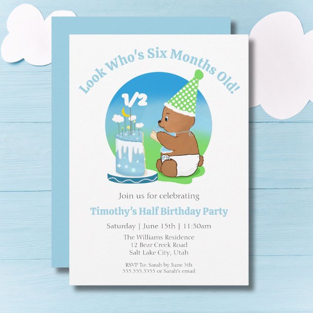 Invitación Feliz medio cumpleaños bebé oso con pastel de fies (Subido por el creador)