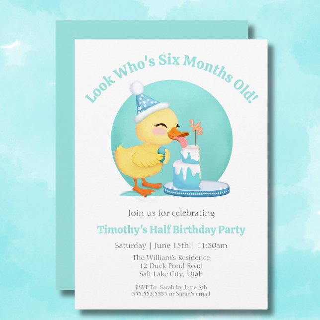 Invitación Feliz medio cumpleaños, patito bebé con pastel de  (Subido por el creador)