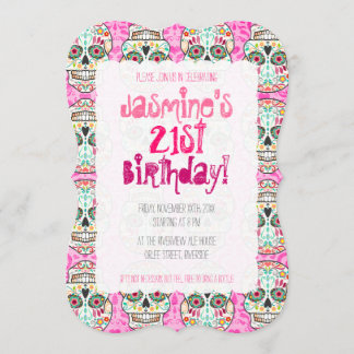 Invitación Feliz Muertos al azúcar en la máscara rosa