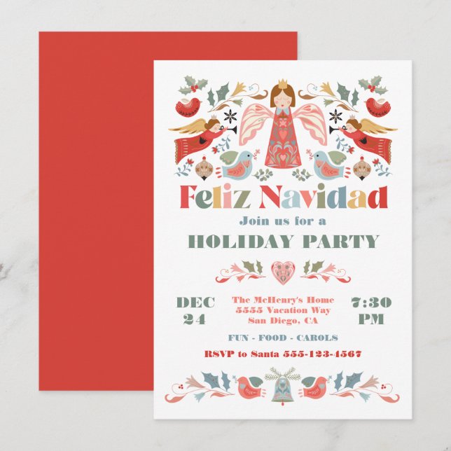 Invitación Feliz Navidad Angel, Fiesta de Navidades de México (Anverso / Reverso)