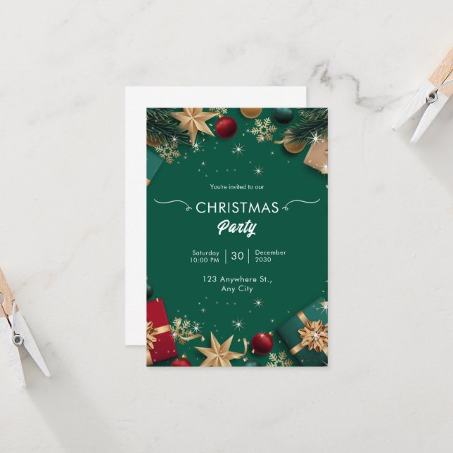 Invitación Feliz Navidad Blanca y Verde Moderno (Anverso/Reverso In Situ)