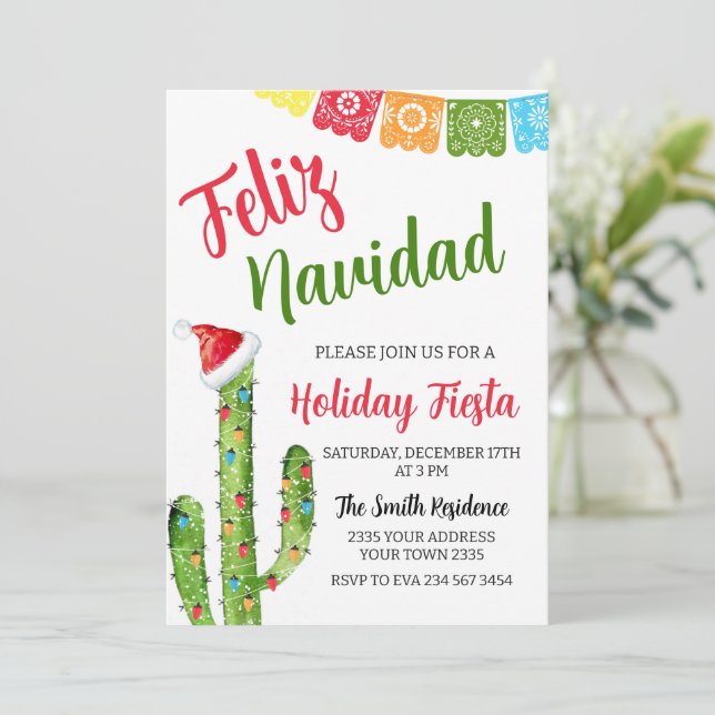 Invitación Feliz Navidad Cactus Fiesta Navideña (Anverso de pie)