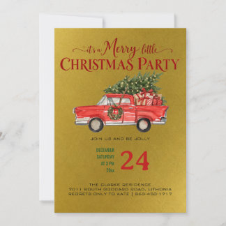 Invitación Feliz Navidad Coche Rojo Dorado Fiesta Navideña