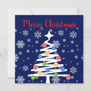 Invitación Feliz Navidad con copos de nieve, árbol y adornos