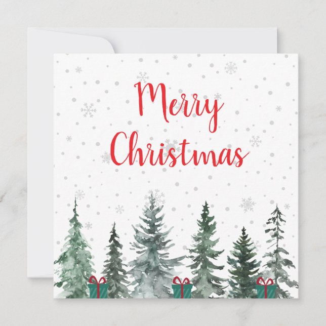 Invitación Feliz Navidad con copos de nieve, árboles y regalo (Anverso)