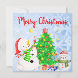 Invitación Feliz Navidad con Snowman y niño con árbol