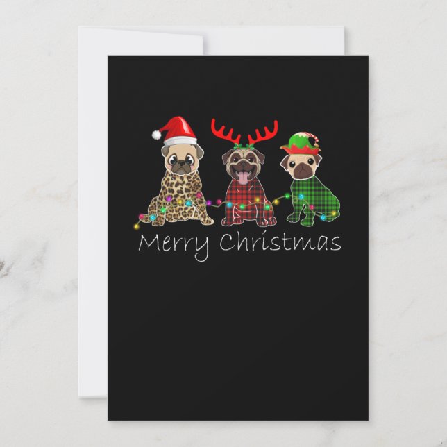 Invitación Feliz Navidad con tres perros de raza pug (Anverso)