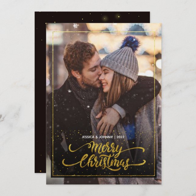 Invitación Feliz Navidad Dorado Sparkle Script Fofo Saludo (Anverso / Reverso)