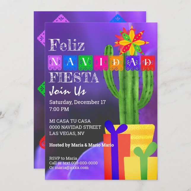 Invitación Feliz Navidad Fiesta Cactus Verde Sobre El Púrpura (Anverso / Reverso)