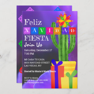 Invitación Feliz Navidad Fiesta Cactus Verde Sobre El Púrpura