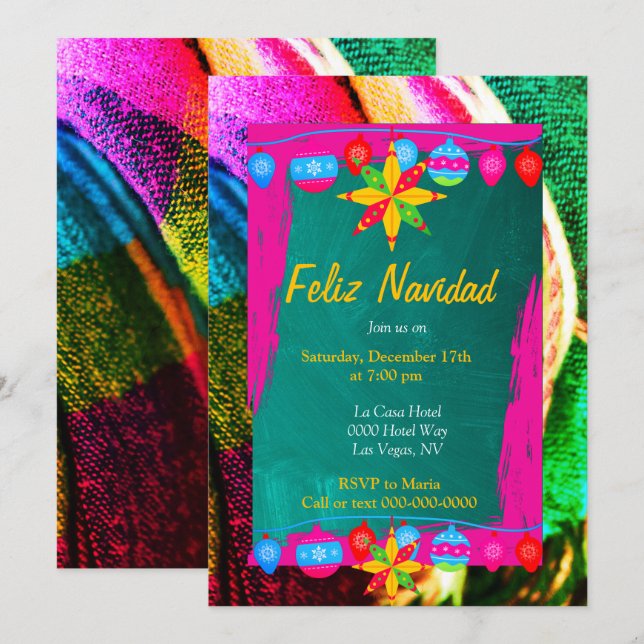 Invitación Feliz Navidad Fiesta En El Sarape Rosa Y Verde (Anverso / Reverso)