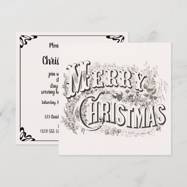 Invitación Feliz Navidad, Fiesta Navideña Vintage (Anverso / Reverso)