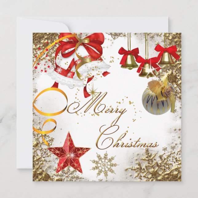 Invitación Feliz Navidad Fiesta White Gold Nochebuena Red Sno (Anverso)