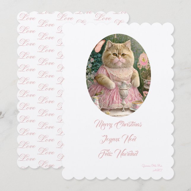 Invitación Feliz Navidad, gato rosa (Anverso / Reverso)