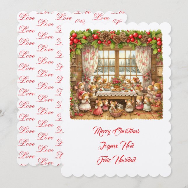 Invitación Feliz Navidad, gato rosa (Anverso / Reverso)