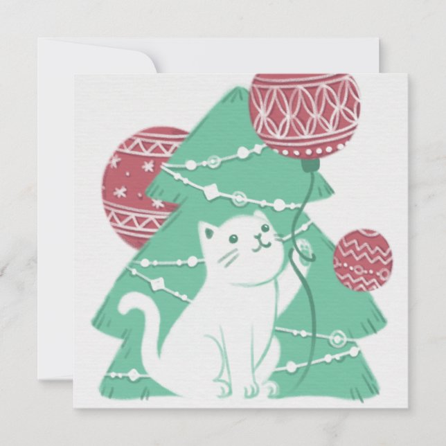 Invitación Feliz Navidad: Gato y ornamentos (Anverso)