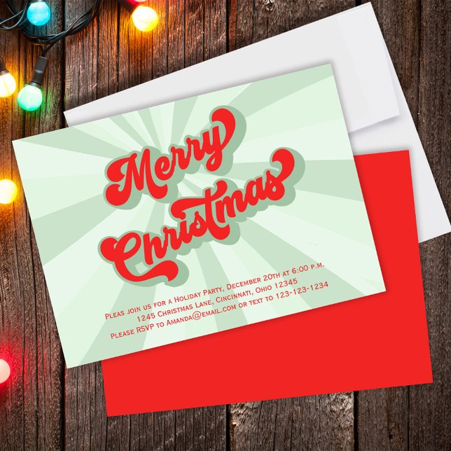 Invitación Feliz Navidad Green Red Fun Retro Typografía (Merry Christmas Whimsical retro style typography invitation. )
