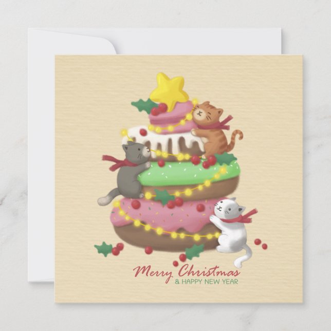 Invitación Feliz Navidad: Ilustracion de gatos y dulces (Anverso)