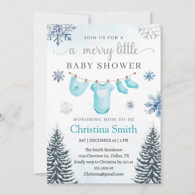 Invitación Feliz Navidad Invierno Wonderland Baby Boy Shower (Anverso)