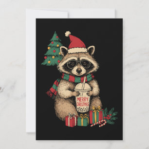Invitación Feliz Navidad Mapache Té de Boba Sombrero de Santa
