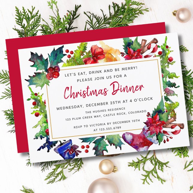 Invitación Feliz Navidad Navidades de acuarela moderna Cena (Subido por el creador)