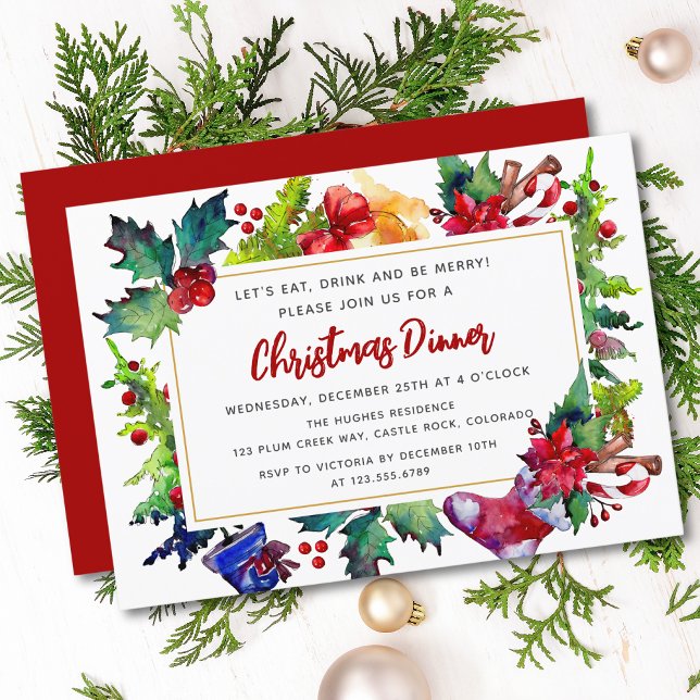 Invitación Feliz Navidad Navidades de acuarela moderna Cena (Subido por el creador)