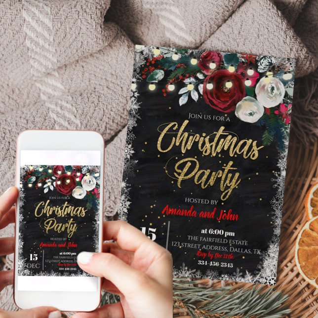Invitación Feliz Navidad Nieve Red Floral Chalkboard Fiesta (Merry Christmas Snow Red Floral Chalkboard Party Invitation)