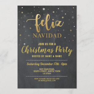 Invitación Feliz Navidad oro y Fiesta de Navidades de chalk n