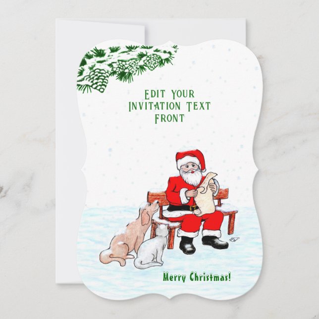 Invitación Feliz Navidad! Papá Noel con gato y perro (Anverso)