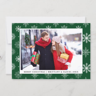 Invitación Feliz Navidad Pareja Foto Snowflakes Card Green