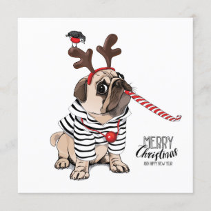 Invitación Feliz Navidad   Pug Reno
