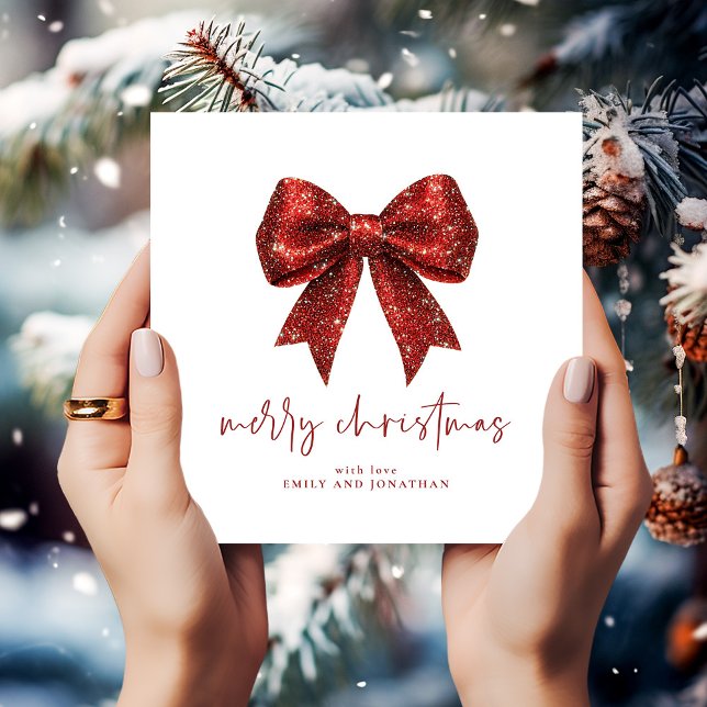 Invitación Feliz Navidad Purpurina Rojo Coquette Bow White (Subido por el creador)