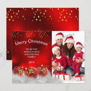 Invitación Feliz Navidad Red Gold Holly baubles