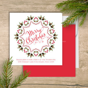 Invitación Feliz Navidad Red Green Pinecone Fiesta QR Código
