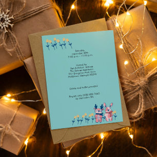 Invitación Feliz Navidad – Reno y Conejito sobre Azul Turques