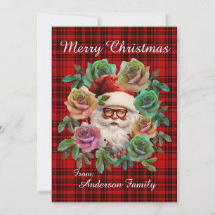 Invitación Feliz Navidad Santa Claus Floral de Cuadros Rojos
