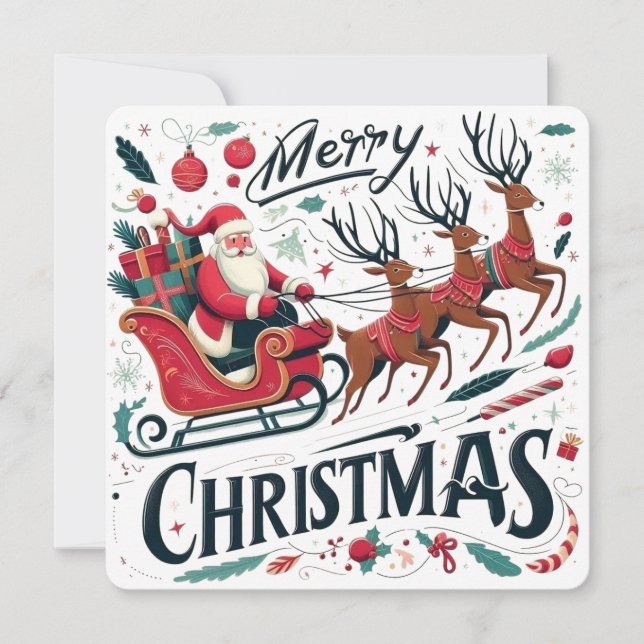 Invitación Feliz Navidad Santa Sleigh y Fiesta de renos (Anverso)