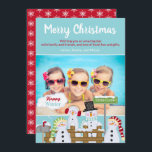 Invitación Feliz navidad, Snowman de los niños a los niños<br><div class="desc">Cuta, colorida y caprichosa tarjeta personalizada de Navidades de fotos con texto, "Feliz Navidad" en un fondo azul. Una adorable familia de muñecos de nieve lleva señales de saludos. La parte trasera de esta tarjeta es una festividad brillante roja con copos de nieve blancos. Agrega tu foto y tu propio...</div>