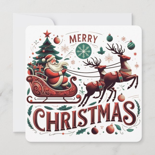 Invitación Feliz Navidad Trineo de Santa y Reno Festivo (Anverso)