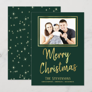 Invitación Feliz Navidad Verde y Oro Foto de vacaciones