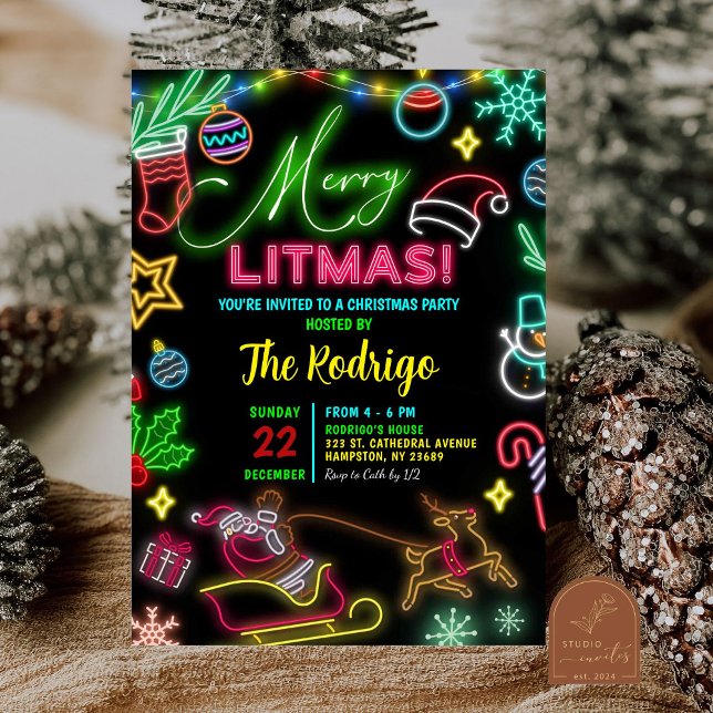 Invitación Feliz Navidades Neon Santa Holiday Party (Subido por el creador)