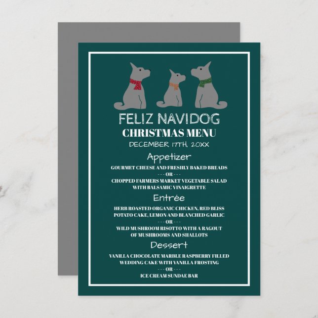 Invitación Feliz Navidog, menú de Navidades al estilo español (Anverso / Reverso)