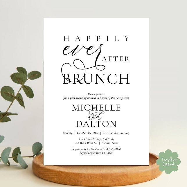 Invitación Feliz Nunca Después De Brunch Hermoso Boda Post (Happily Ever After Brunch Invitation Card, Post Wedding Party Crew Romantic PDF in Black White)