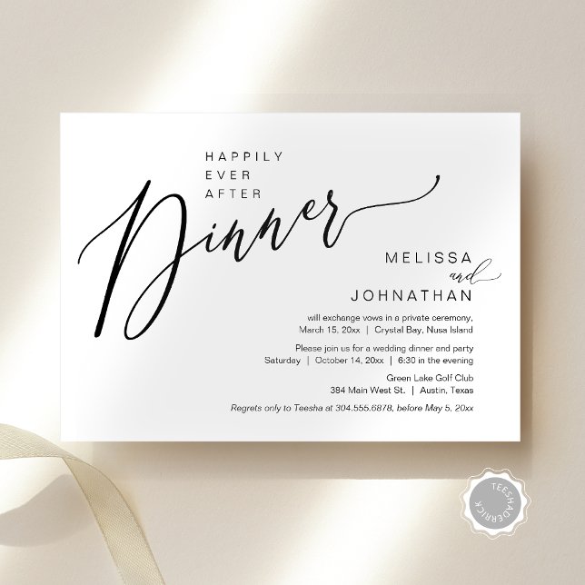 Invitación Feliz Nunca Después De La Cena De Boda Elopement F (Happily Ever After Wedding Elopement Dinner Invitation Card, Modern Romantic, Editable Downloadable)
