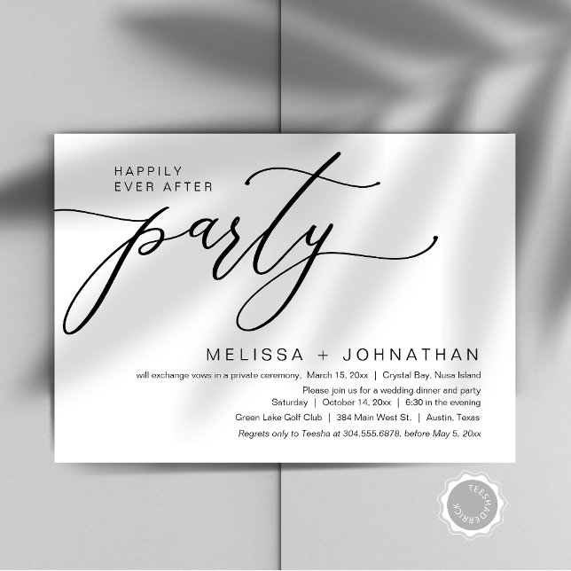 Invitación Feliz Nunca Después De La Cena De Boda Elopement F (Happily Ever After Wedding Elopement Dinner Party Invitation Card, editable downloadable, modern)