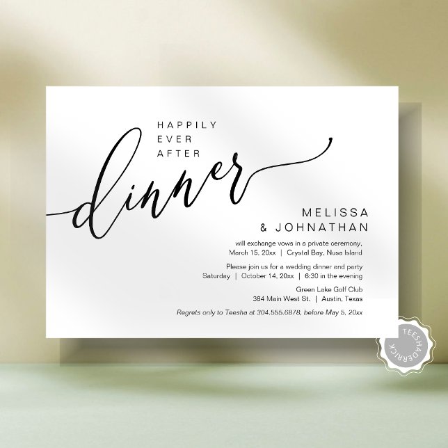 Invitación Feliz Nunca Después De La Cena De Boda Elopement F (Happily Ever After Romantic Wedding Elopement Dinner Party Invitation Card, Post Wedding Template)