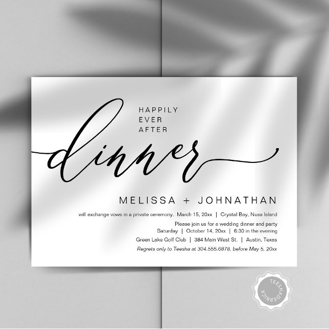Invitación Feliz Nunca Después De La Cena De Boda Elopement F (Happily Ever After Wedding Elopement Dinner Party Invitation Card, Editable, Downloadable, Modern)